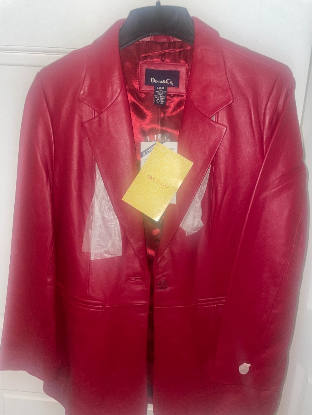 NWT Denim & Co QVC Red Genuine Leather Blazer Jacket Button Front Size L